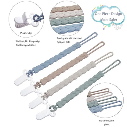 Silicone Pacifier Clips Baby Boys Girls, 4-Pack Flexible Woven Rope Braided Pacifier Clip Holder for Baby Essentials, Newborn Paci Binky Clips (Boy's Color)