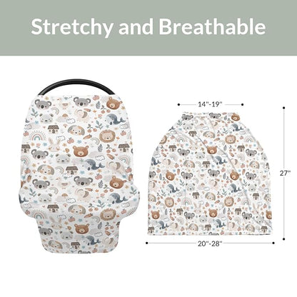 Boho Cute Watercolor Animals Baby Car Seat Covers Bear Lion Koala Bunny Whale Rainbow Floral Stretchy 5-in-1 Cover Adjustable Infant Carseat Canopy Cover Neutral Animal Breathable Nursing Cover-Up