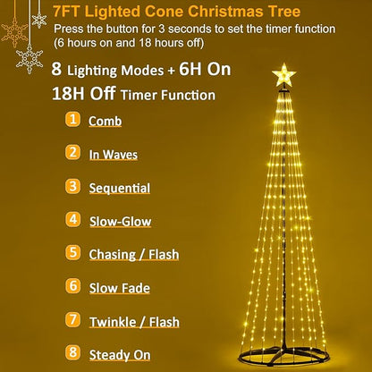 SUNNYPARK Christmas Outdoor Lighted Trees 7FT Prelit Christmas Cone Tree with 310 LEDs 8 Lighting Modes and Timer for Indoor Outdoor Xmas Porch Lawn