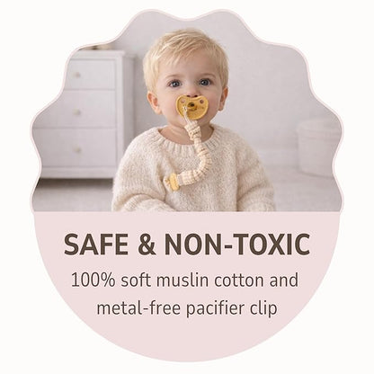 Muslin Cotton - Metal-Free Pacifier Clips, Lightweight and Secure Pacifier Holder for Babies (Sun Éclat) - Mila & Lulu