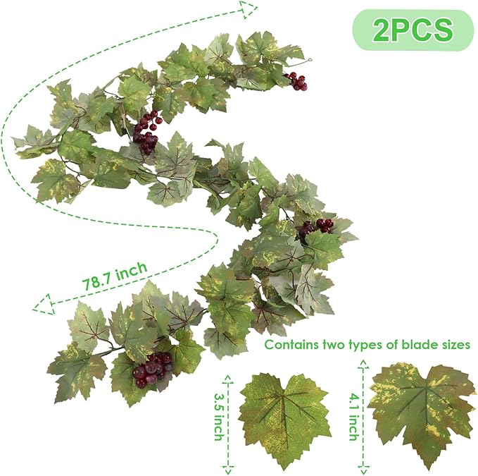 Artificial Grape Vine Leaf Garland Plant with 5 Strings Grapes, 6.5ft Artificial Fake Grape Vines Fake Greenery for Wedding Party Home Indoor Outdoors Decoration (2, Summer Leaf Garland)