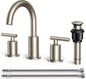 FORIOUS 8 In Widespread Brushed Nickel Bathroom Faucet 3 Hole with Metal Pop Up Drain and 24 Inch Supply Hose, 2 Handle 3 Hole Vanity Faucet for Bathroom Sink Brush Nickel with 360 Degree Swivel Spout