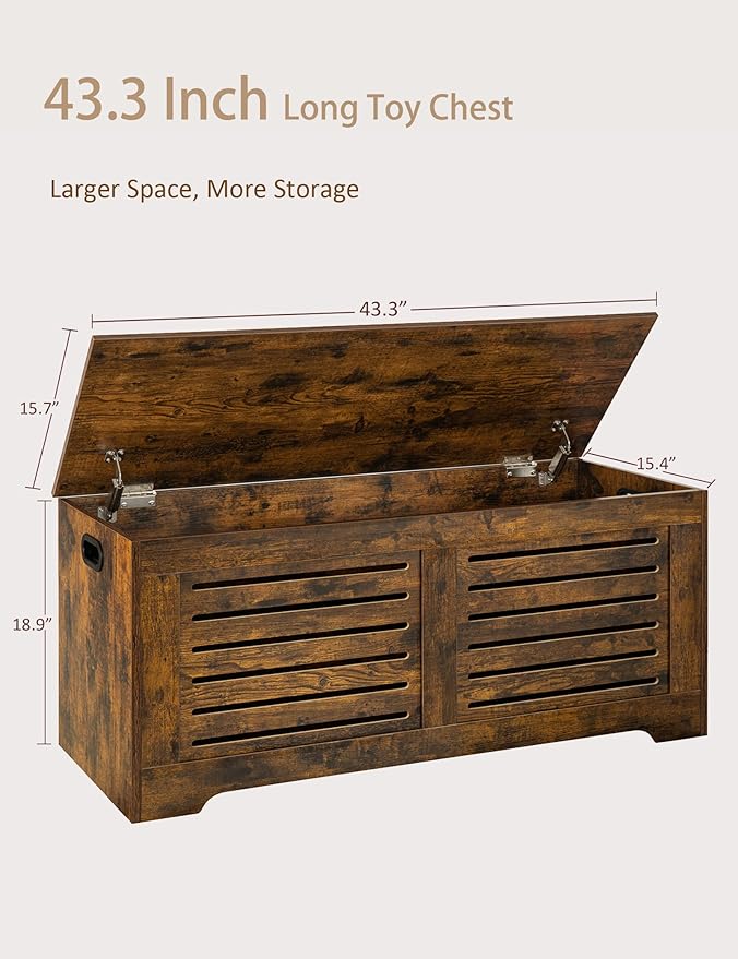 DINZI LVJ Storage Chest, 43.3” Wooden Toy Box with 2 Safety Hinges, Retro Entryway Shoe Storage Bench with Flip-Top, Sturdy Large Storage Trunk for Living Room, Bedroom, Easy Assembly, Rustic Brown