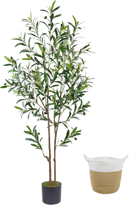5ft (60”) Artificial Olive Tree, Tall Fake Olive Plant, Faux Olive Silk Tree for Mordern Indoor Home Livingroom Office Floor Corner Décor