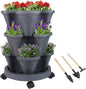 GameXcel Vertical Planter 3 Tier Stackable Planters Garden Planters Strawberry Herb Flower and Vegetable Planter Indoor Outdoor Gardening Pots with Removable Wheels and Tools