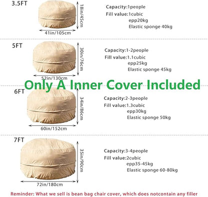 Reusable Beanbag Chair Inner Lining Cover for Pack Bean Filler EPP EPS Shredded Memory Foam and Wash Needs, 5FT