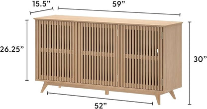 Plank+Beam Mid-Century Modern Wood TV Stand, Three Door Solid Wood Entertainment Console with Storage, 59" L x 16" W x 30" H, Blonde