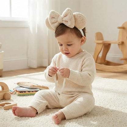 Fleece Wool Mouse Ears Headband with Bow, Adjustable Fluffy Hair Bow Hairband for Infant Toddlers Baby Girls