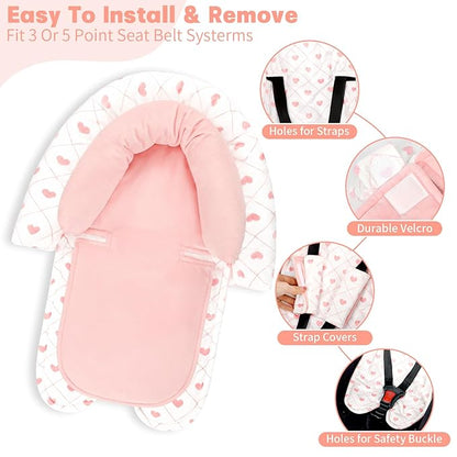 Infant Car Seat Insert, Baby Car Seat Head & Body Support with 2 Strap Pads, Ultra Soft Newborn Preemie Carseat Insert Cushion for Girls Boys, Fits Car Seat, Stroller, Swing, Bouncer, Pink