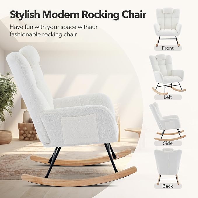 Nursery Rocking Chair,300Lb Glider Chair with Wood Legs/Two Side Pockets,Teddy Upholstered Glider Rocker with Padded Seat High Backrest for Living Room/Bedroom/Nursery