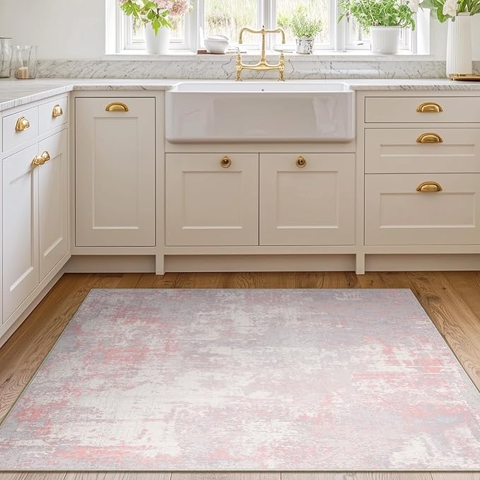 Washable Area Rugs 4'x6' Non-Slip Modern Abstract Soft for Living Room Entryway Bedroom Nursery, Print Pattern, Grey Pink