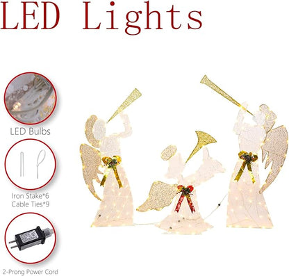 Taman Lighted Christmas Angel, Glittered 3 Angels Blowing The Trumpet Lighted LED Warm Lights for Outdoor Christmas Holiday Home Lawn Yard Garden Decoration