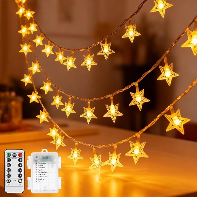 Star String Lights, 33ft 100 LED 8 Modes Star Fairy Lights Battery Operated Waterproof Indoor Outdoor for Bedroom Patio Party Wedding Tent Loft Bed Xmas Tree Decor, Warm White
