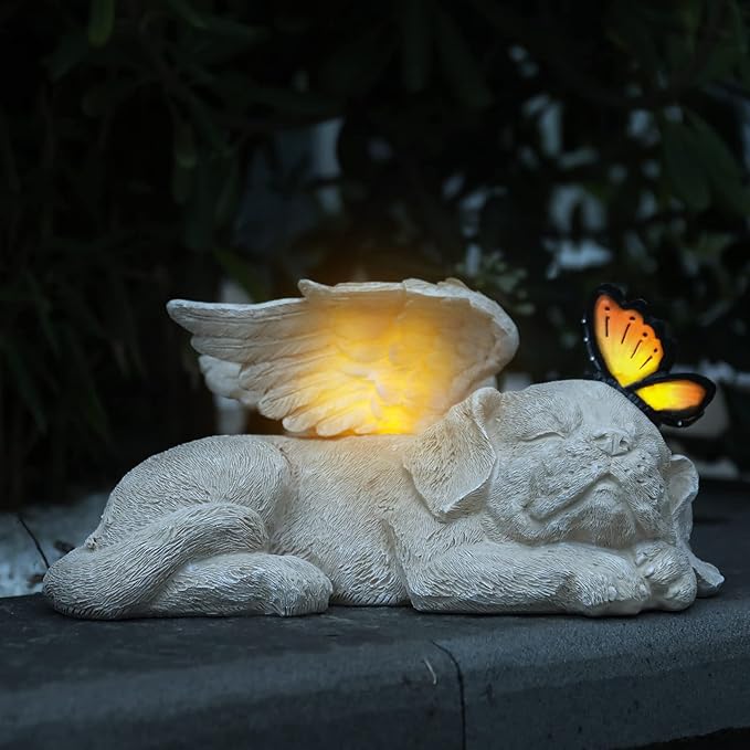 WONDER GARDEN Sleeping Dog Angel Statue with Solar Light - Pet Memorial Stone, in Memory of Dog, Marker Tribute Statues, Resin Guardian Angels, Bereavement Gift