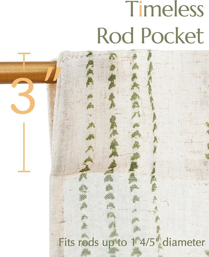 jinchan Boho Kitchen Curtains Linen Cafe Tier Curtains 36 Inch Bohemian Geometric Striped Mudcloth Small Window Drapes for Living Room Bathroom Light Filtering Back Tab 2 Panels Sage Green on Flax