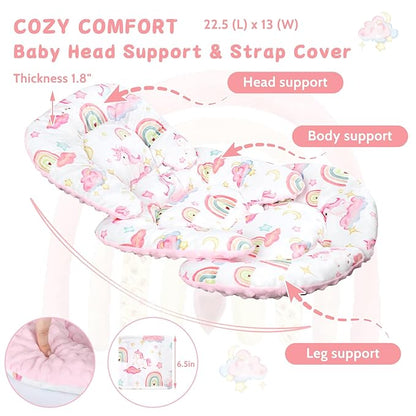 Pea Pod Infant Car Seat Insert with Strap Covers, All in One Reversible Baby Car Seat Head Support for Newborn, 3D Soft Minky Carseat Cushion for Preemie to Infant, Stroller, Swing, Bouncer, Unicorn