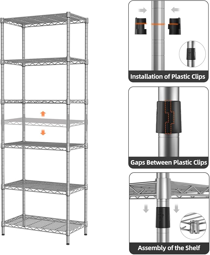 SINGAYE 6 Shelf Wire Shelving Unit Adjustable Metal Shelves Standing Bathroom Organizers and Storage Wire Closet Metal Pantry Kitchen 12" DX22 W 69.5" H Gray