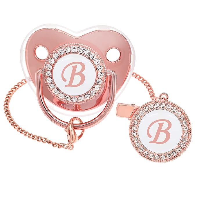 Bling Personalized Pink Baby Pacifier with Pacifier Clips and Anti-dust Cover A-Z 26 Letters(Pink,B)