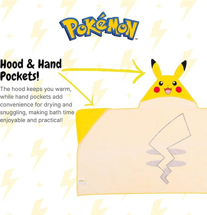 Pokemon Pikachu Kids Super Soft Bath/Pool/Beach Soft Cotton Terry Hooded Towel Wrap, 24 in x 50 in, (Officially Licensed Product) By Franco
