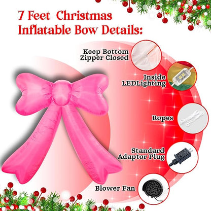 Christmas Inflatables Bow Lighted Yard Lawn Inflatable Decoration with Built-in Fan and Stakes Ropes Holiday Party Decor, Christmas Decor (7FT-Pink Bow)