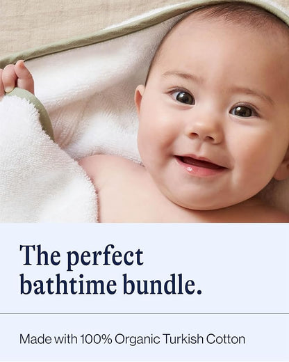 Lalo The Hooded Towel & Washcloth Set, 100% Organic Cotton, Soft on Sensitive Skin, Durable & Absorbent, Machine Washable, Includes One Baby Towel and Two Washcloths - Sage