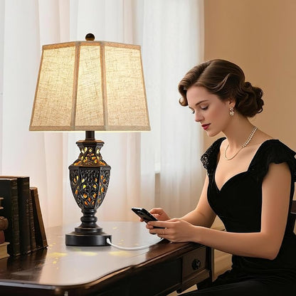 EJIAXIN Lamps for Night Stands Set of 2-23.5" Vintage Bedside Lamp with USB A+C and Nightlight - Black Retro Carved Resin Farmhouse Table Lamp for Bedrooms, End Tables, Living Room, Bulbs Included