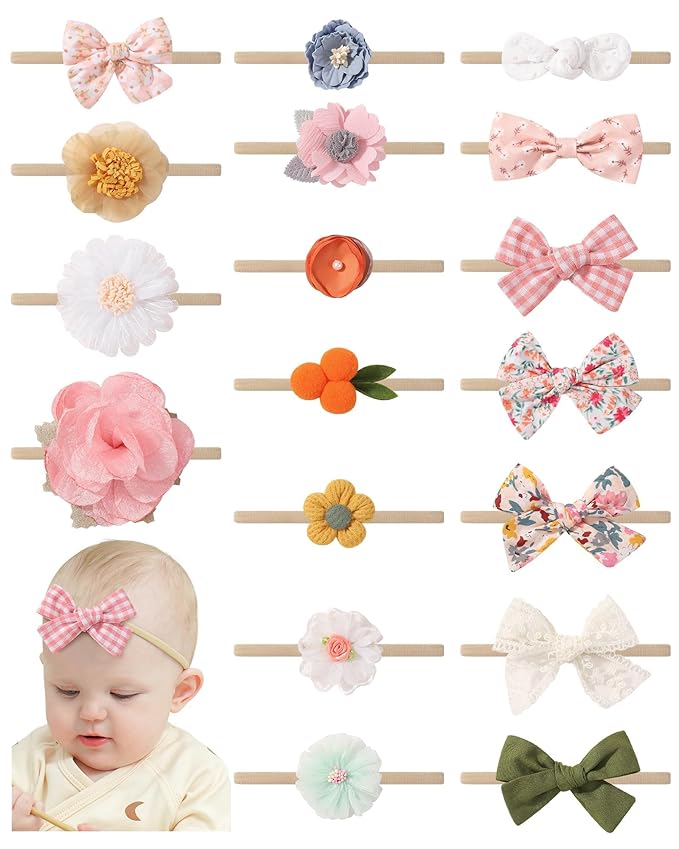 doboi 18PCS Baby Girl Headbands with Bows Baby Flower Hair Bows Nylon Hairbands Handmade Hair Accessories for Newborn Infant Toddlers Little Girls and Kids