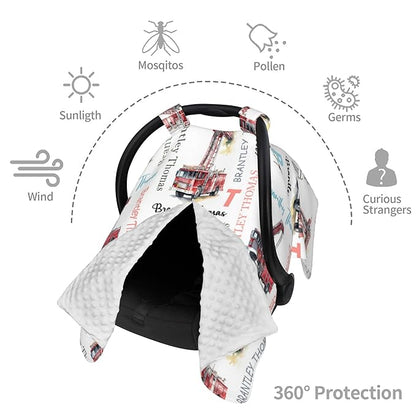 Custom Baby Car Seat Canopy Personalized Car Seat Covers with Name for Baby Boys Girls Customized Fire Truck Nursing Breastfeeding Cover Infant Carseat Canopies Newborn Minky Baby Blanket
