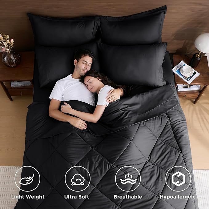 HEVUMYI Black King Comforter Set - 7-Piece All Season Bed in a Bag King, Ultra Soft Bedding Set with Comforter, Flat Sheet, Fitted Sheet, Pillowcases, Pillow Shams, Black