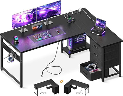 AODK L Shaped Gaming Desk with 4 Drawers, 53" Reversible Home Office Desks with Power Outlets, L Shaped Computer Desk with USB Charging Port and Host Stand, Corner Desk, Easy to Assemble, Black