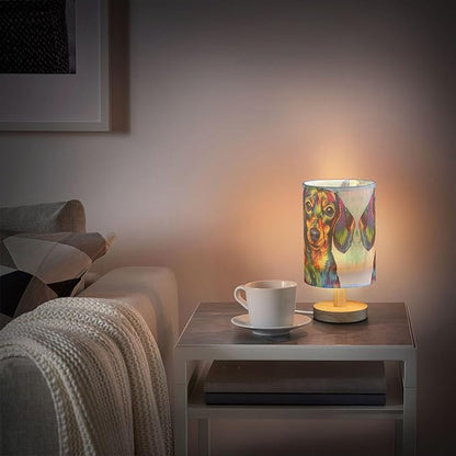 Table Lamp Colorful Dachshund Puppy Nightstand Lamp with Wood Base Fabric Lamp Shade Bedside Desk Lamp for Living Room Bedroom Kids Room Office