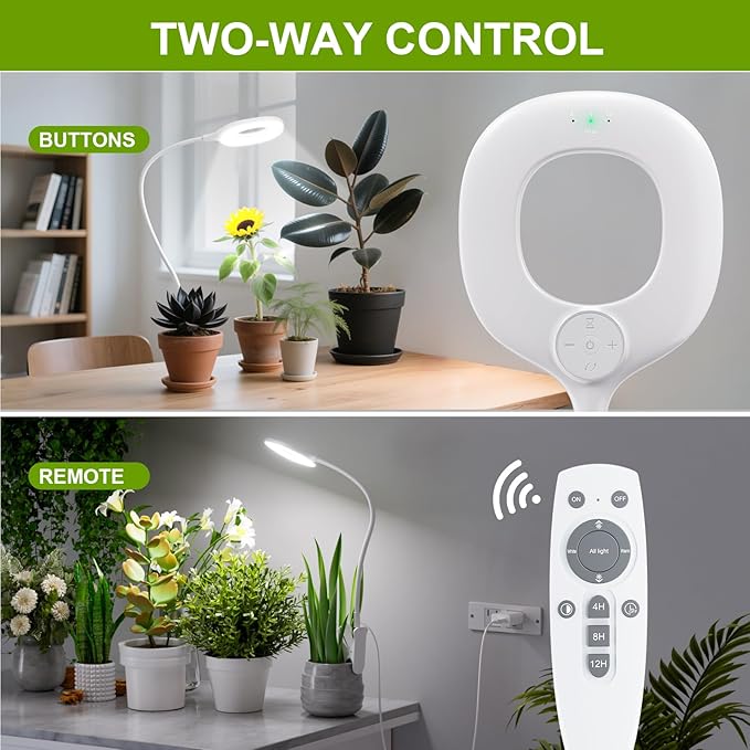 Full Spectrum Grow Lights for Indoor Plants, Clip On Plant Lights for Indoor Growing with 4/8/12H Timer, 3 Light Modes, 10 Dimmable Levels, Adjustable Gooseneck, Remote Control, 2-Pack