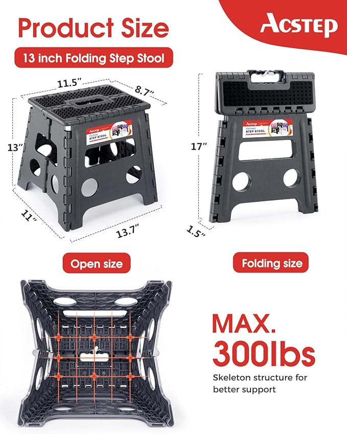 ACSTEP 13" Folding Step Stool- Holds up to 300Lb,The Lightweight Non-Slip Upgrade Collapsible Stepping Stool is Sturdy Enough to Support Adults and Safe Enough for Kids(Grey,1 Pack)