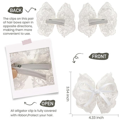 2pcs white hair bow clips for girls. White lace bow with hair ribbon, fully lined alligator clips. Handmade hair accessories for girls.