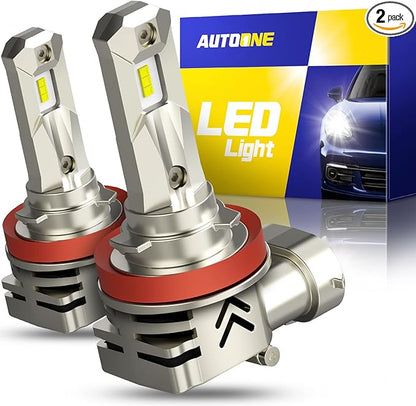 AUTOONE H11 LED Light Bulbs, 40,000LM 6X Ultra Bright 6000K Cool White, 1:1 Halogen Mini Size H8 H9, 60,000Hrs Lifespan, Plug and Play, Fog Light or Daytime Running Light, Pack of 2