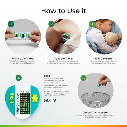 Underarm Thermometer Sticker for Kids, Babies 6+ Months (100-Pack, Celsius) — Wearable for Up to 48 Hrs with Continuous Temperature Readings, Battery Free, Single Use, Disposable Thermometer