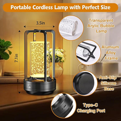 Portable Table Lamp for Outdoor Indoor: Cordless Rechargeable Desk Lamp with 3 Color Stepless Dimmable - Metal Battery Operated Lantern Light for Bedroom/Bar/Coffee Shop/Camping (Black (Bubble))