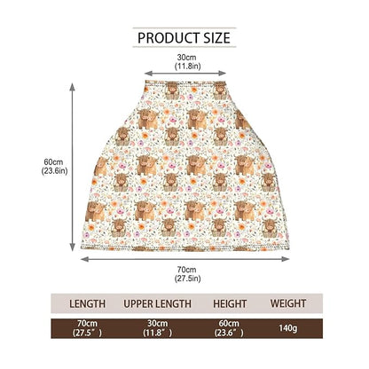 5-in-1 Unisex Highland Cow Pattern Baby Carseat Stroller Cover for Boys Girls, Western Farm Cow Flowers Floral Infant Toddler Privacy Nursing Breastfeeding Canopy, Grocery Shopping Cart Cover-24x28