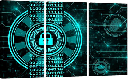 Cloud Services Painting for Living Room Decoration, 3 Panels Secure Technology Concept Padlock Binary Code Hud Poster Prints on Canvas Wall Art for Living Room Bedroom Decoration,20x40inchx3