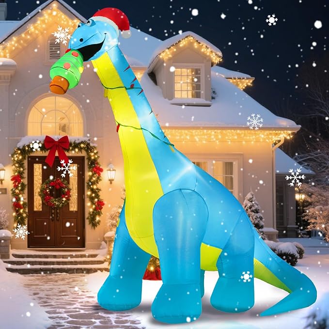 Christmas Inflatable Outdoor Decorations, 10FT Giant Inflatables Dinosaur Yard Decor with Hat & Christmas Tree, LED Lights Blow up Holiday Decorations for Indoor Outside Lawn Garden
