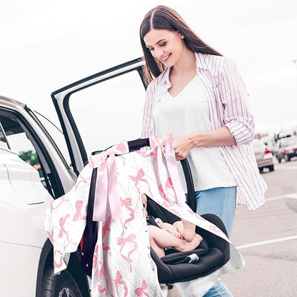 Tegeme 2-in-1 Pink Bow Muslin Baby Car Seat Cover Breathable Multi-use Nursing Infant Car Seat Cover Windproof Canopy for Breastfeeding Strollers Carriers
