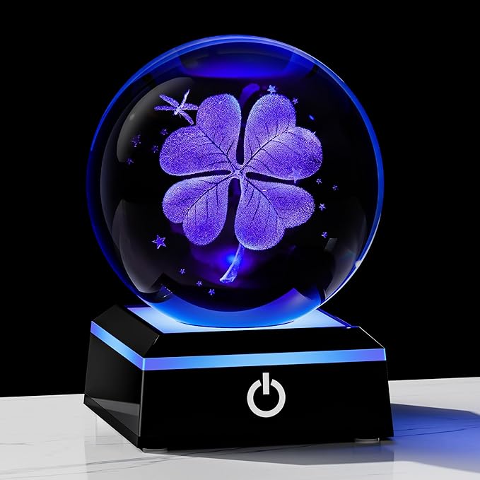 Qianwei 3D Four Leaf Clover 80mm Crystal Ball Good Luck Gifts Ideas with Multicolor Lighting Base - Irish Gifts for Women Decor 4 Leaf Clover