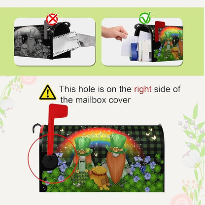 St. Patrick's Day Mailbox Cover Green Checkered Leprechauns Magnetic Mailbox Covers Gnomes Hat Shamrock Coin Clover Mailbox Wrap Rainbow Butterfly Loads of Luck Letter Post Box Cover