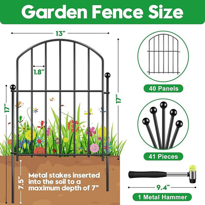 Decorative Garden Fence 17in (H) x40ft (L), Arched Rustproof Metal No Dig Fence for Dogs & Rabbit, Ornamental Animal Barrier for Flower Beds, Border Panels Fencing for Yard & Patio Outdoor Decor