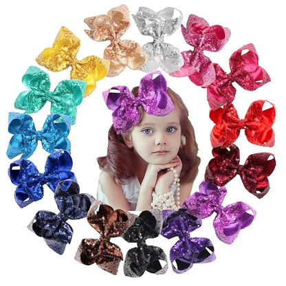 15Pcs Bling 6 Inch Hair Bows Large Big Sparkly Glitter Sequin Bows Alligator Hair Clips for Baby Girls Toddlers Kids Children Teens
