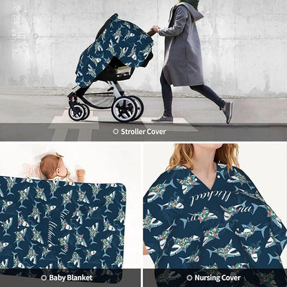Personalized Baby Car Seat Canopy for Babies with Name, Custom Cute Shark Stroller Car Seat Covers for Boys Girls, Nursing Carseat Cover for Breastfeeding, Car Seat Canopies for Infant Newborn