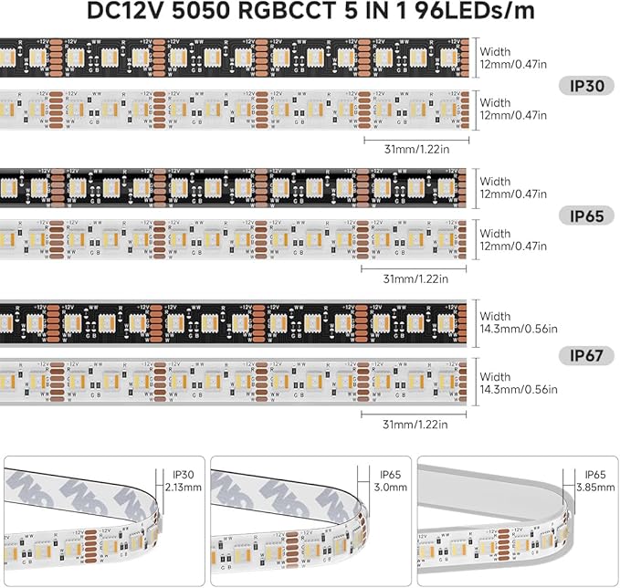 BTF-LIGHTING RGBCCT 5 Colors in 1 LED 5050SMD RGBWW RGB+Dimmable Tunable Color Temperature 2700K-6500K UL Listed 16.4ft 96LEDs/m 480LEDs DC12V Multi-Colored Tape Lights IP30(No Adapter or Controller)
