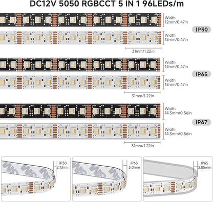 BTF-LIGHTING RGBCCT 5 Colors in 1 LED 5050SMD RGBWW RGB+Dimmable Tunable Color Temperature 2700K-6500K UL Listed 16.4ft 96LEDs/m 480LEDs DC12V Multi-Colored Tape Lights IP30(No Adapter or Controller)