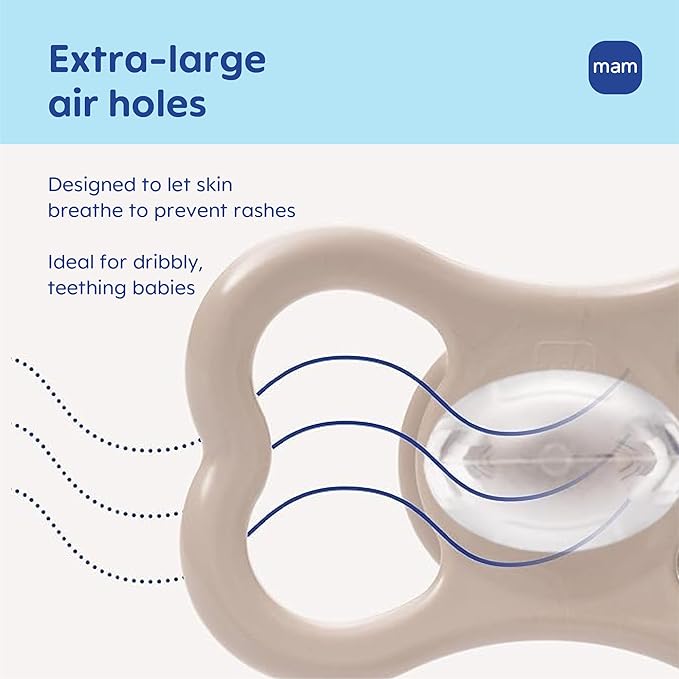 MAM Air Pacifier for Babies 6-16 Months, Extra Air Flow for Sensitive Skin, Glows in The Dark, Developed With Medical Experts, BPA-Free Skin Soft Silicone, 2 Count, With Sterilizer Case Made in Europe