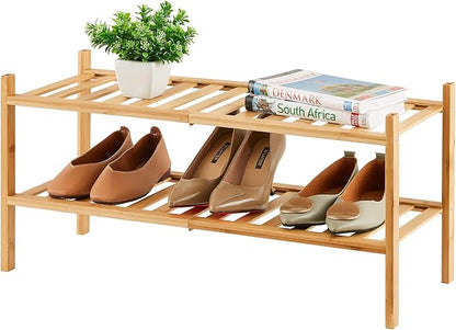 2-Tier Bamboo Shoe Rack for Entryway, Bamboo Wood Shoe Organizer for Hallway Closet, Free Standing Shoe Racks for Indoor Outdoor